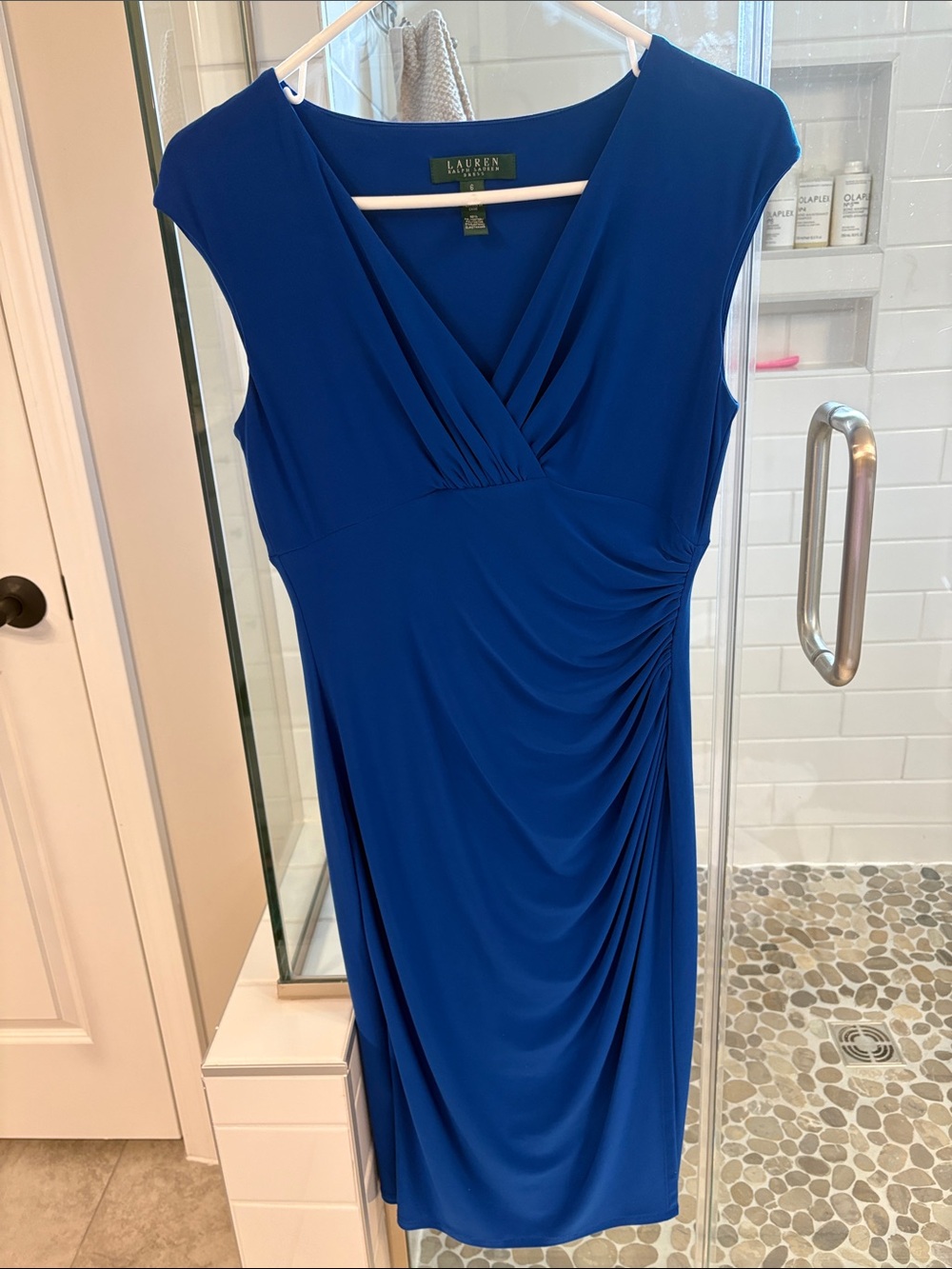 Lauren Ralph Lauren Cobalt Blue V-Neck Ruched Midi Dress